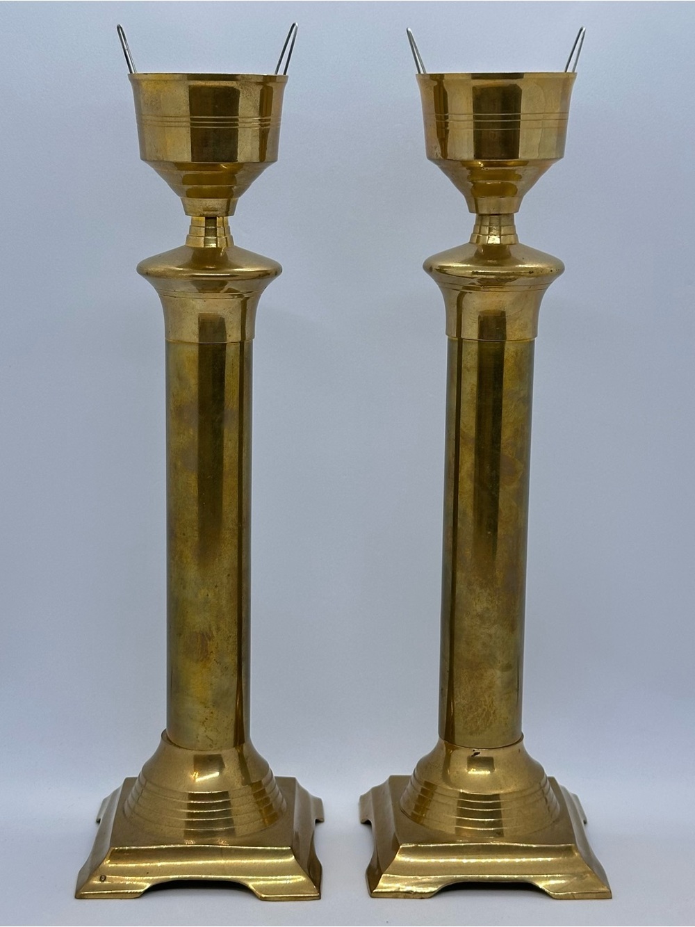 VTG Pair Tall Brass Table Top Taper Candle Holders Footed  11.5”T 3.5” Sq Base